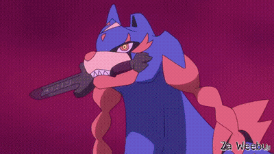 A Cartoon Drawing Of A Blue And Pink Monster With A Sword In Its Mouth . GIF