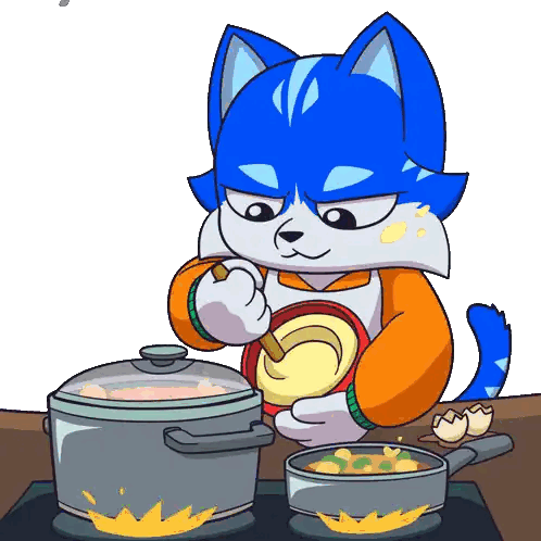 A Cartoon Drawing Of A Blue And White Cat Cooking Sticker