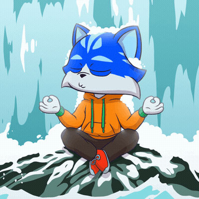 A Cartoon Drawing Of A Blue And White Cat Meditating In Front Of A Waterfall GIF