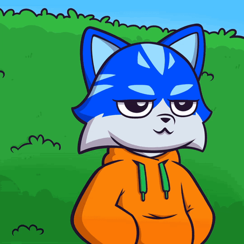 A Cartoon Drawing Of A Blue And White Cat Wearing An Orange Hoodie GIF