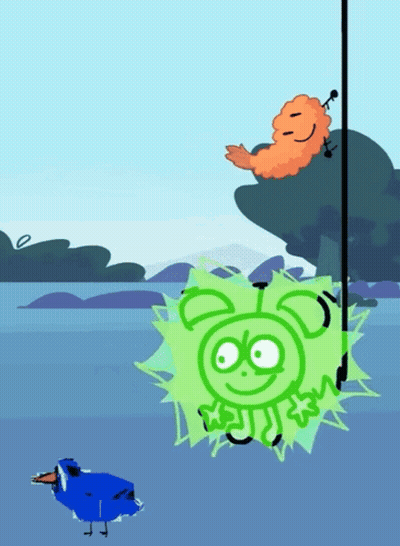 A Cartoon Drawing Of A Blue Bird Looking At A Green Object GIF
