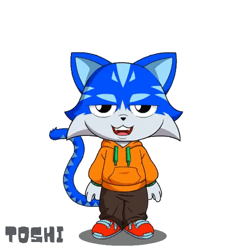 A Cartoon Drawing Of A Blue Cat Wearing An Orange Hoodie And Brown Pants Sticker