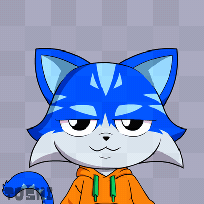 A Cartoon Drawing Of A Blue Cat Wearing An Orange Hoodie With Green Strings GIF