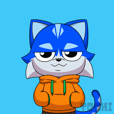 A Cartoon Drawing Of A Blue Cat Wearing An Orange Hoodie With The Words " Wyd " Written Above It GIF