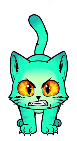 A Cartoon Drawing Of A Blue Cat With Orange Eyes And Sharp Claws GIF