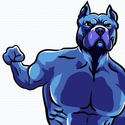 A Cartoon Drawing Of A Blue Dog Flexing His Muscles GIF