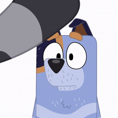 A Cartoon Drawing Of A Blue Dog With A Hat On Its Head GIF