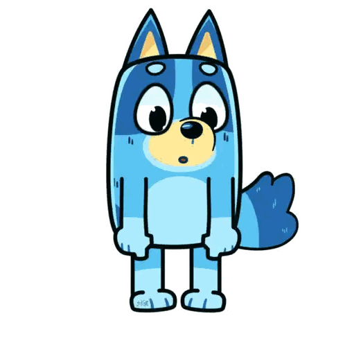 A Cartoon Drawing Of A Blue Dog With A Surprised Look On Its Face Sticker
