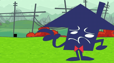 A Cartoon Drawing Of A Blue House With A Sad Face GIF