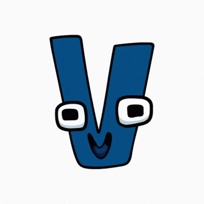 A Cartoon Drawing Of A Blue Letter V With Eyes And Mouth GIF
