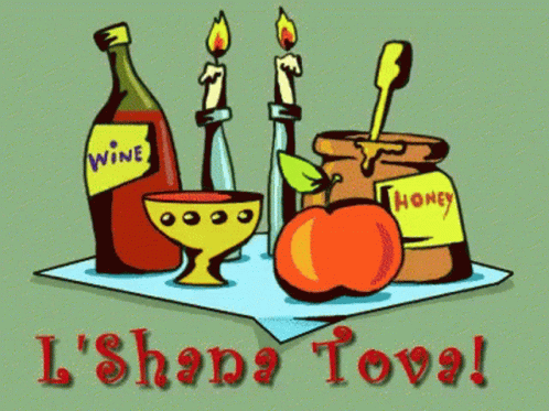 A Cartoon Drawing Of A Bottle Of Wine A Cup Of Wine An Apple A Jar Of Honey And Two Candles GIF