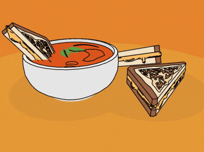 A Cartoon Drawing Of A Bowl Of Soup And Two Sandwiches GIF