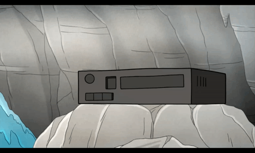 A Cartoon Drawing Of A Box Sitting On Top Of Some Rocks GIF