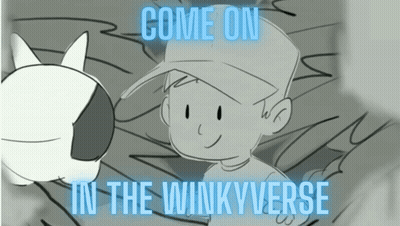 A Cartoon Drawing Of A Boy And A Cat With The Words Come On In The Winkyverse GIF