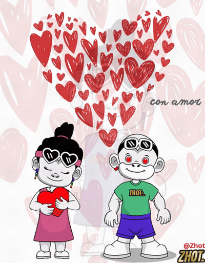 A Cartoon Drawing Of A Boy And A Girl Holding A Heart With The Words Con Amor Written Above Them GIF