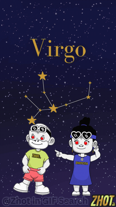 A Cartoon Drawing Of A Boy And A Girl Standing Under The Virgo Constellation GIF
