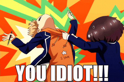 A Cartoon Drawing Of A Boy And A Girl With The Words You Idiot Written On The Bottom GIF