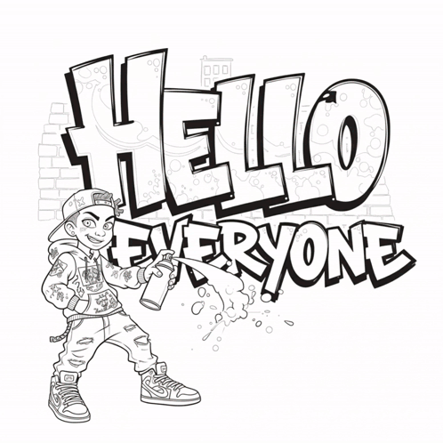 A Cartoon Drawing Of A Boy Holding A Spray Can With The Words Hello Everyone Behind Him GIF