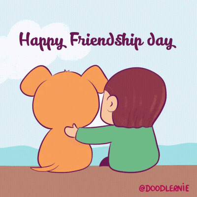 A Cartoon Drawing Of A Boy Hugging A Dog With The Words Happy Friendship Day GIF