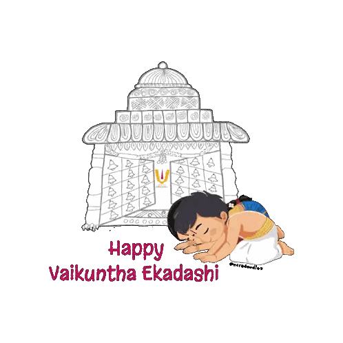 A Cartoon Drawing Of A Boy Kneeling In Front Of A Building With The Words Happy Vaikuntha Ekadashi GIF