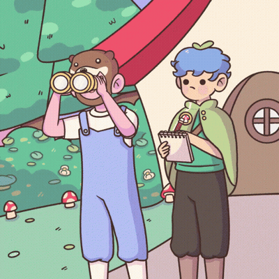 A Cartoon Drawing Of A Boy Looking Through Binoculars And Another Boy Holding A Notebook GIF