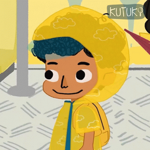 A Cartoon Drawing Of A Boy Wearing A Yellow Raincoat With A Sign That Says " Kutuko " GIF