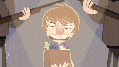 A Cartoon Drawing Of A Boy With A Box Full Of School Supplies On His Head GIF