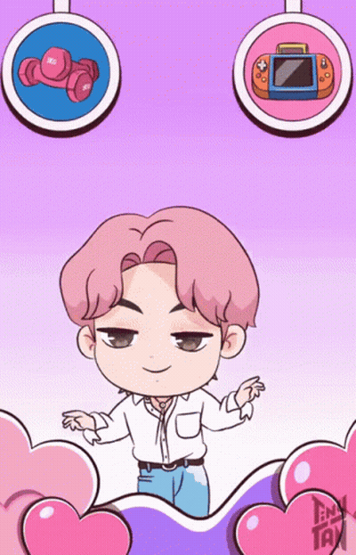 A Cartoon Drawing Of A Boy With A Dumbbell And A Video Game Behind Him GIF