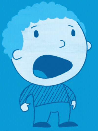 A Cartoon Drawing Of A Boy With Blue Hair Making A Surprised Face GIF