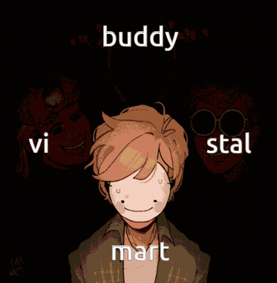 A Cartoon Drawing Of A Boy With The Words Buddy Vi Stal Mart Written On It GIF