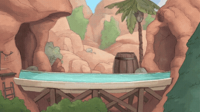 A Cartoon Drawing Of A Bridge Over A River With A Palm Tree In The Background GIF