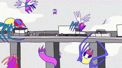 A Cartoon Drawing Of A Bridge With Birds Flying Over It And A Truck That Says ' Aaah ' On It GIF