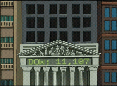 A Cartoon Drawing Of A Building With A Sign That Says Dow 11.167 GIF