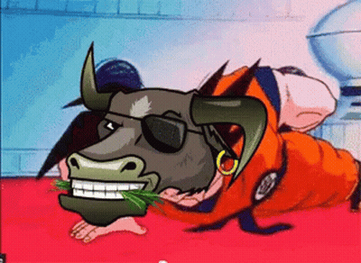 A Cartoon Drawing Of A Bull Wearing Sunglasses And An Orange Shirt GIF