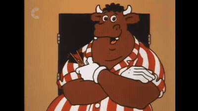 A Cartoon Drawing Of A Bull With Horns And A Striped Shirt GIF