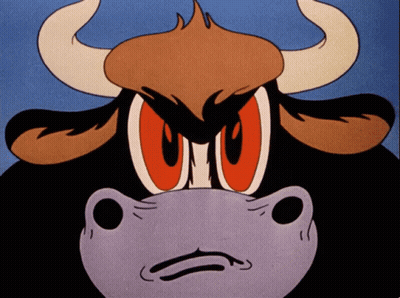 A Cartoon Drawing Of A Bull With Horns And Red Eyes With The Letter O On Its Face GIF