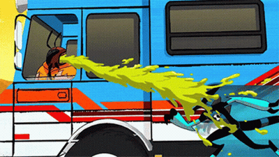 A Cartoon Drawing Of A Bus With Yellow Liquid Coming Out Of It 'S Window GIF