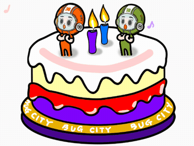 A Cartoon Drawing Of A Cake That Says Bug City On It GIF