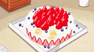 A Cartoon Drawing Of A Cake With Strawberries And Blueberries GIF
