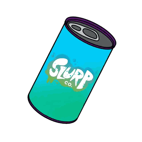 A Cartoon Drawing Of A Can Of Slurp With Blue Liquid Pouring Out Of It Sticker