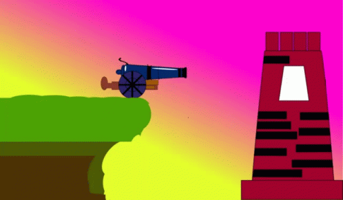 A Cartoon Drawing Of A Cannon On A Hill With A Brick Tower In The Background GIF