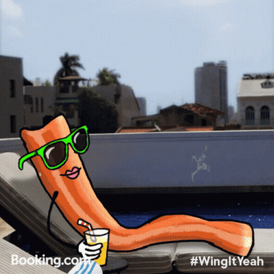 A Cartoon Drawing Of A Carrot Holding A Drink With Booking.com Written On The Bottom GIF