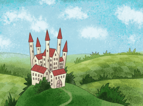 A Cartoon Drawing Of A Castle In The Middle Of A Green Field GIF