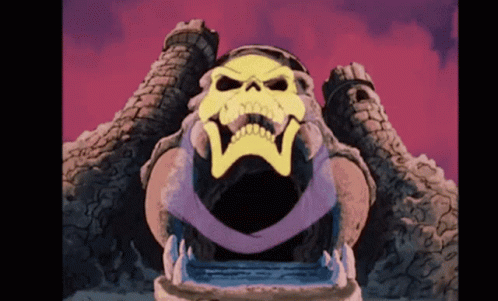 A Cartoon Drawing Of A Castle With A Skull On Top Of It GIF