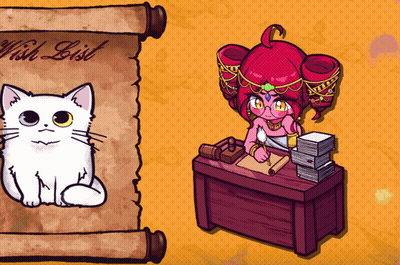 A Cartoon Drawing Of A Cat And A Girl With A Wish List Written On A Scroll GIF