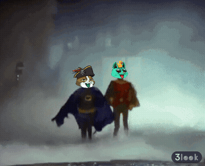 A Cartoon Drawing Of A Cat And A Green Monster With A 3 Look Button GIF