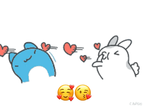 A Cartoon Drawing Of A Cat And A Rabbit With Hearts Coming Out Of Their Mouths GIF