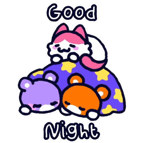 A Cartoon Drawing Of A Cat And Two Bears With The Words " Good Night " Above Them Sticker