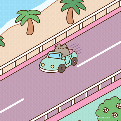 A Cartoon Drawing Of A Cat Driving A Car With Pusheen.com Written Below It GIF