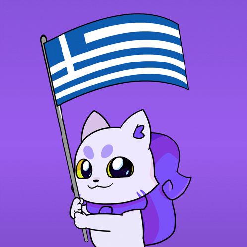 A Cartoon Drawing Of A Cat Holding A Blue And White Flag GIF